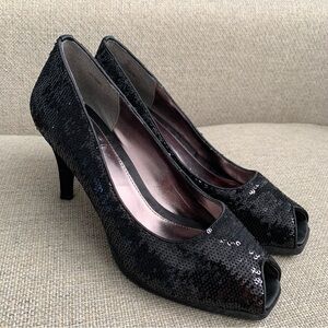 Black Sequin High Heels Peep Toe Shoes Womens Size 7 1/2 Toda Impo Sparkly